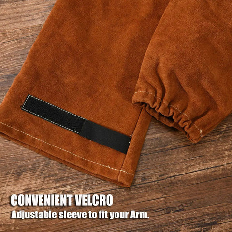 Leather Welding Sleeve For Men And Women, Heat And Flame Resistant Arm Protection With Kevlar Stitching, Velcro detail, Brown