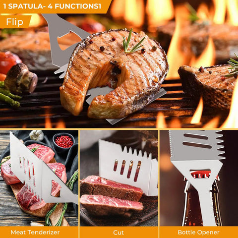 All In One Grill Tools Set 15 Pcs Stainless Steel BBQ Accessories Kit spatula flipping salmon on grill