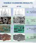 Top Notch Dk Sonic 30L Ultrasonic Cleaner 600W For Parts Carburetor Circuit Board Engine Deep Cleaning With Adjustable Power And Five Modes Heat Function For Spotless Results On Dirty Gear before and after cleaning results for various components.