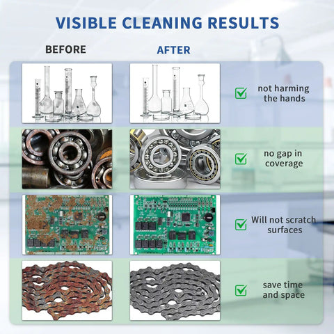 Top Notch Dk Sonic 30L Ultrasonic Cleaner 600W For Parts Carburetor Circuit Board Engine Deep Cleaning With Adjustable Power And Five Modes Heat Function For Spotless Results On Dirty Gear before and after cleaning results for various components.
