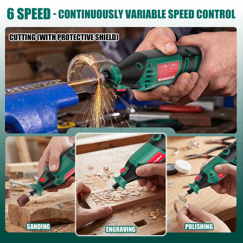 Six Speed Rotary Tool Kit With A 170W Motor, 173 Accessories, Four Attachments, And A Sturdy Case For DIY Crafting And Home Projects From Cutting And Sanding To Polishing, Drilling, And Engraving. Rotary tool cutting, sanding, engraving, and polishing.