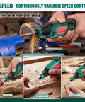 Heavy Duty 8000 To 35000 Rpm Rotary Tool Kit showing cutting, sanding, engraving, and polishing tasks in action with a flexible shaft.