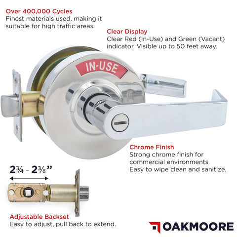 Front view of Chrome Commercial Door Handle And Bathroom Door Lock With Vacant Occupied Indicator For Public Restrooms In Industrial Buildings High Visibility Status For Busy Places And Staff Or Guests Easy Read Lock Status, showing 'in-use' indicator and chrome finish.