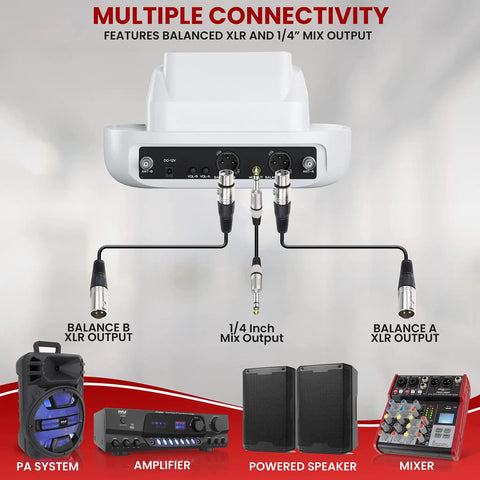 Image showing multiple connectivity options for UHF Wireless Microphone System With Bluetooth Receiver, including XLR and 1/4" outputs.