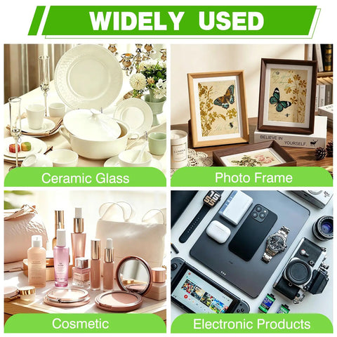 Image showing items that can be packed with the Moving Day Dish Packing Set With 200 Foam Pouches And Sheets In 4 Sizes, 250 Fragile Stickers, And Marker Pen For Safe Moving, Packing, And Storage, Quick Setup, including ceramic dishes, photo frames, cosmetics, and electronic products.