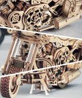 1 To 8 Scale Wood Motorcycle Puzzle Kit For Adults, 3D Buildable Model Cruiser, Realistic Detailed Wooden Bike, Interactive Craft Project That Runs When Assembled, Steampunk Style For True Cruising Fun. Wooden motorcycle puzzle kit close-up of gears, front fork, and wheel