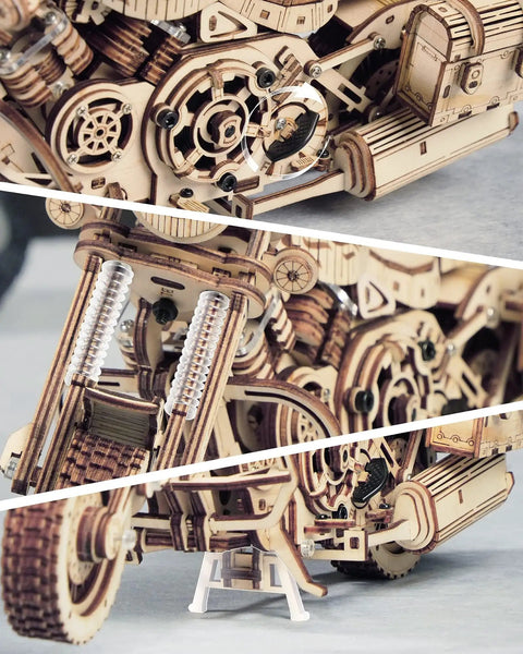 1 To 8 Scale Wood Motorcycle Puzzle Kit For Adults, 3D Buildable Model Cruiser, Realistic Detailed Wooden Bike, Interactive Craft Project That Runs When Assembled, Steampunk Style For True Cruising Fun. Wooden motorcycle puzzle kit close-up of gears, front fork, and wheel