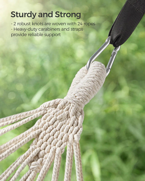 Double Hammock 98.4 X 59.1 Inches With 660 Lb Capacity Breathable Cotton Polyester Fabric showing strong knot and carabiner
