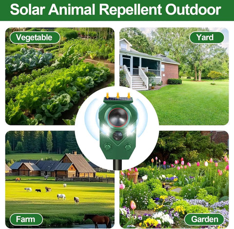 Outdoor Ultrasonic Animal Repeller With PIR Motion Sensor And Flashing Light Solar Powered Yard Guard Deterrent For Deer Rabbits Squirrels Raccoons Skunks And Dogs IP65 Waterproof One Pack in garden, yard, farm and vegetable beds