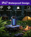 IP67 waterproof cordless mosquito zapper for outdoor and indoor use with 4200V high voltage 4800mAh battery shown in rainy campsite