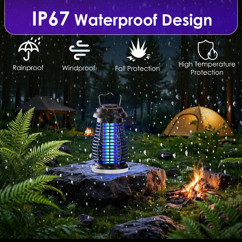 IP67 waterproof cordless mosquito zapper for outdoor and indoor use with 4200V high voltage 4800mAh battery shown in rainy campsite
