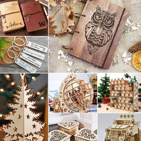 Collage of laser-engraved wooden items created with Beast 5.5W Laser Engraver With 300x300mm Work Area High Precision Cutter