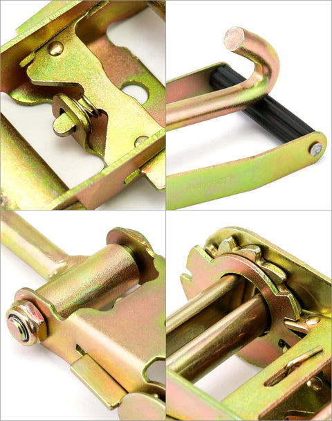Close-up of Ratchet Tie Down Straps With Long J Hooks 2 Inch Heavy Duty 4 Pack For Cargo Truck Security And Secure Hauling 10,000 Lb Break Strength
