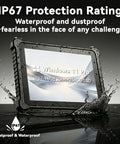 Rock Solid 10 Inch Rugged Tablet With Windows 11 Pro And IP67 Waterproof Build displayed with water splashing around it.