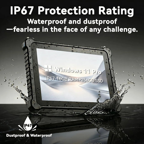 Rock Solid 10 Inch Rugged Tablet With Windows 11 Pro And IP67 Waterproof Build displayed with water splashing around it.