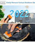 Hand using All In One Blade Scraper With 50 Blades For Glass Windows And Cooktops Includes Plastic Safe Blade And Metal Heavy Duty Blade Decal Remover Tool Orange on glass and cooktop