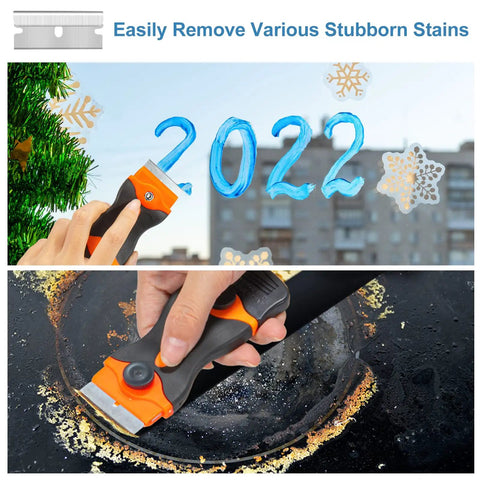 Hand using All In One Blade Scraper With 50 Blades For Glass Windows And Cooktops Includes Plastic Safe Blade And Metal Heavy Duty Blade Decal Remover Tool Orange on glass and cooktop