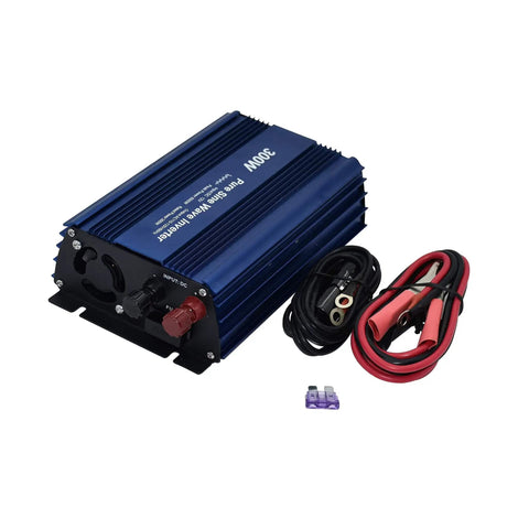 Pure Sine Wave Power Inverter 12V DC To 120V AC 300W With Dual 110V Outlets and USB 5V 2A Handy Car And RV Power Adapter Blue with cables