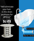 Illustration of Bathtub Drain Hair Catcher In-Drain Tub Strainer Clog Prevention alongside diagram showing usage in tub.
