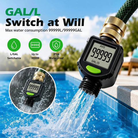 Water Flow Meter For RV With Brass Inlet And 180 Degree Rotating LCD Display Measures Gallon And Liter With Five Percent Accuracy Compatible With Three Quarter Inch Garden Hose Fittings Heavy Duty Brass Construction, brass hose meter in pool use
