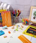 Back To School Supplies Kit For Kids Must Have 20 Sets With Colored Pencils 12 Colors Each And HB Pencils 200 Plus 20 Pencil Pouches Erasers And Sharpener For Classroom Office And Teacher Desk Use displayed on desk with pencils, pouches, erasers, and sharpener.