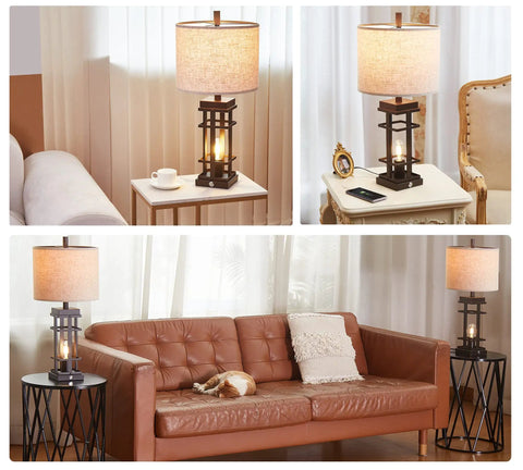 Farmhouse Table Lamps Set With USB Ports And Touch Dimmers, 26 Inch Tall Bedside Lamps in living room setting.