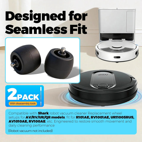 2 Pack Front Caster Wheel Compatible With AV RV UR QR Series Models Including R101AE RV1001AE UR1100SRUS AV1002AE AV1010AE RV100AE And More With Disassembly Tool For Easy Replacement shown with Shark robot vacuum