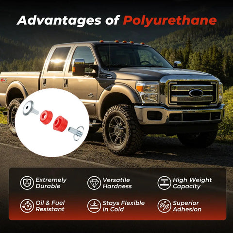 Ford F Series Super Duty Polyurethane Cab Mount Kit With Steel Sleeves And Hardware Tough As Nails Heavy Duty Body Mount Bushings For 2008 To 2016 F250 F350 2WD 4WD Red infographic showing advantages.