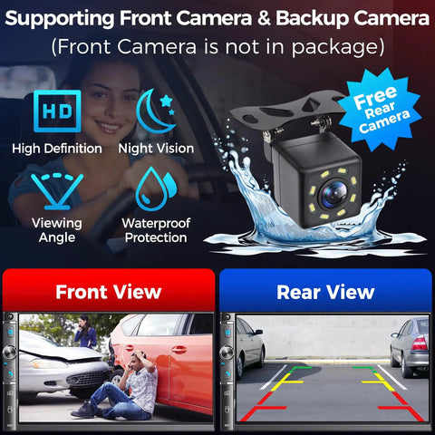 Double Din Car Stereo With 7 Inch HD Touchscreen Wireless Apple CarPlay And Android Auto Bluetooth 240W SWC Subwoofer Output Mirror Link FM AM Radio Receiver And Backup Camera, showing backup camera features