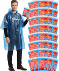 Man wearing blue poncho next to 40 Pack Disposable Rain Ponchos For Adults With Drawstring Hood And Elastic Sleeves