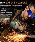 Worker using grinder wearing 12 Pack Tinted Safety Glasses Protective Eyewear For Men And Women With ANSI Z87 1 Certified UV400 Goggles
