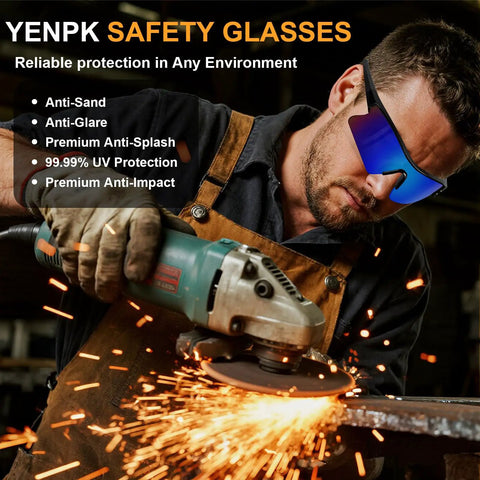 Worker using grinder wearing 12 Pack Tinted Safety Glasses Protective Eyewear For Men And Women With ANSI Z87 1 Certified UV400 Goggles