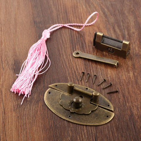 Antique Brass Key Hasp Lock For Wooden Boxes And Cabinets, Vintage Bronze Toggle Latch Hardware shown on wooden surface