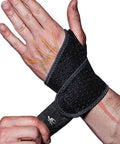 Two Pack Wrist Compression Straps And Wrist Braces For Fitness And Weightlifting shown on wrist, black neoprene, adjustable fit