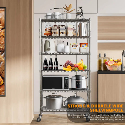 Beefy Heavy Duty Metal Rolling Shelving Unit With Wheels And 8 Hooks, 6000 Lbs Total Capacity, 6-Tier Adjustable Wire Rack For Garage, Kitchen, Pantry, Industrial, Workshop, Bathroom, Chrome 36W X 14D X 72H in kitchen