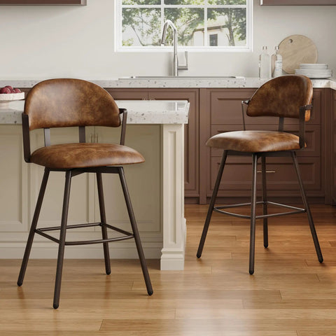 26 Inch Bar Stool Set Of 3 Modern Sleek Swivel Counter Height Chairs With Backrests And Metal Legs Faux Leather Upholstered Barstools