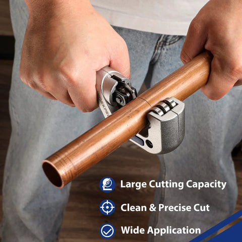 WorkPro tubing cutter on copper pipe; side view of tool clamped around copper tube