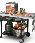 Stainless Steel Grill Cart And Pizza Oven Table With Wheels For Infrared Grills Universal Outdoor BBQ Station Built To Last with prep surface, shelves, and tools.