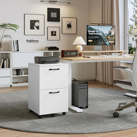 Two Drawer Filing Cabinet In White With Rolling Wood Design, Printer Stand And Under Desk Storage, Lockable Wheels in home office