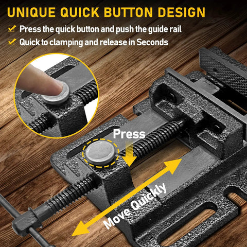 Heavy Duty 4 Inch Drill Press Vise with One Click Quick Release showing quick button design on wooden surface