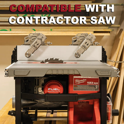 Stainless Steel Table Saw Stock Guides And Anti Kickback Rollers mounted on a contractor saw with blade visible.