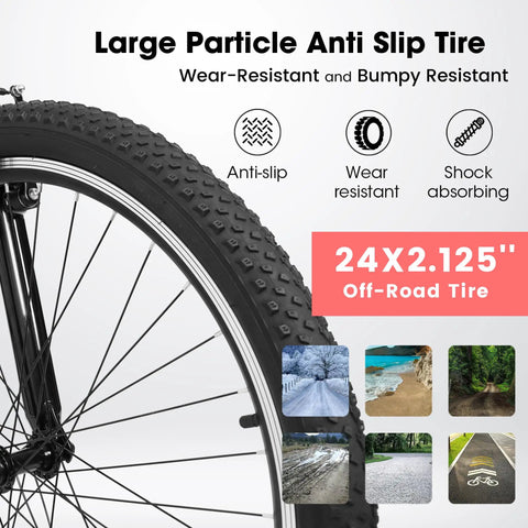 Close-up of large particle 24x2.125" anti-slip tire of 24 Inch Female Mountain Bike With Dual V Brakes 21 Speed Shifter High Carbon Frame