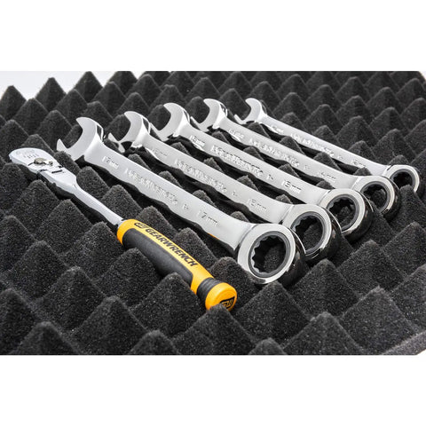 Trap Mat Universal Tool Drawer Liners Four Piece Low Profile Mats 16x22 with wrenches and ratchet placed on foam.