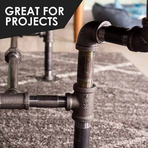 Industrial-style piping setup using One Inch By Three Inch Black Steel Plumbing Pipe Six Pack With Pre Cut Connectors for DIY furniture projects