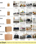 Size chart showing various bag sizes from extra small to extra large with example items and dimensions labeled.