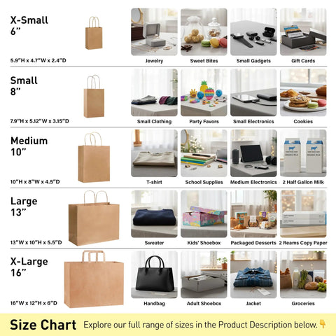 Size chart showing various bag sizes from extra small to extra large with example items and dimensions labeled.