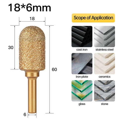 Rotary Diamond Grinding Burr Bit, 6mm Shank, Cylindrical Rounded Head for stone, metal, ceramics, jade, marble, cast iron