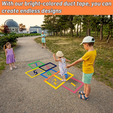 Children playing hopscotch with Rainbow Duct Tape Bulk 6 Pack 2 Inch Wide Each Roll 30 Yards 180 Yards Total Assorted Colors.