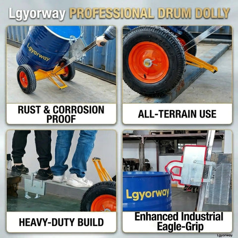Heavy Duty 55 Gallon Drum Dolly With Industrial Hand Truck, Extra Large 16 Inch Pneumatic Tires, 1000 Lb Capacity