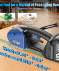 Heavy Duty Rock Solid Electric Strapping Machine For PP PET Bands Featuring Hot Swappable Batteries Fast Charge Cycle and No Sweat Operation, displaying PET and PP straps with size details.